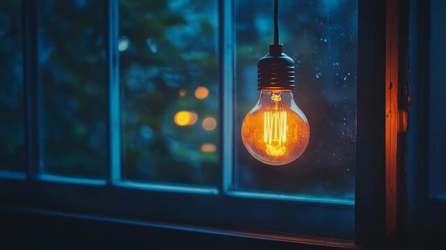 A glowing lightbulb hangs near a window, showcasing a blurred, dark blue outside