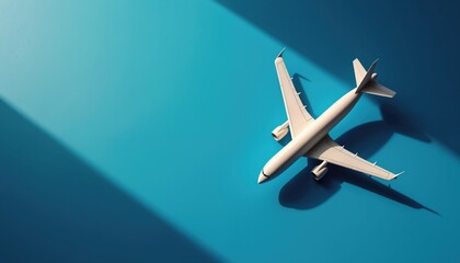 Naklejka premium Top view white model airplane on vibrant blue surface with sharp shadow. Simple minimalist aviation concept for travel industry or aerospace design projects.