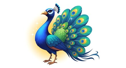 Vibrant blue peacock with fanned tail and sparkling feathers