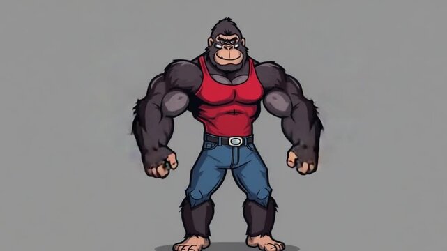 Muscular Gorilla Bodybuilder Cartoon Character Flexing Arms
