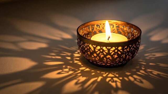 Lit candle in ornate metal holder casting decorative shadows on a surface in low light