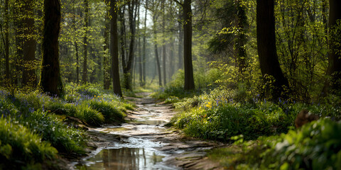 Fototapeta premium Forest Path with Early Spring Snowmelt