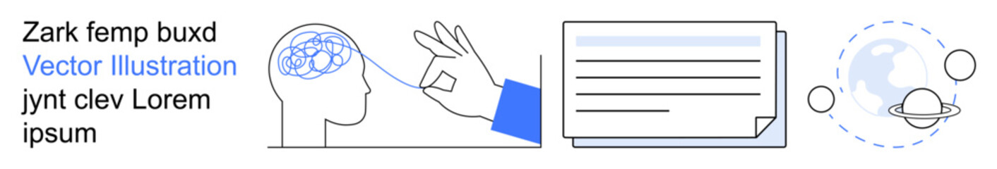 Education, mental processes, communication, documentation, innovation, space exploration. Human head with brain, text-writing papers planetary orbit. Mental processes and innovation visualization © robu_s