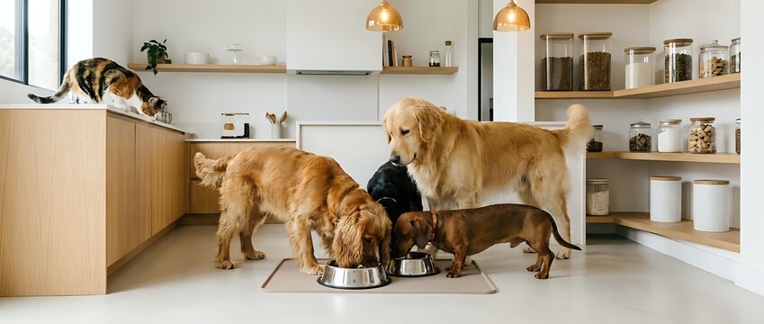 Golden retriever and dachshund dogs eating together from metal bowls in modern kitchen with wooden cabinets and organized pantry shelves.