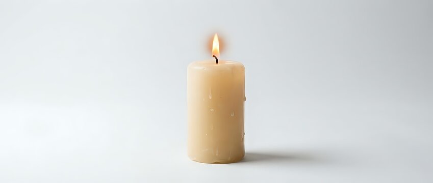 Single burning candle with warm flame on clean white background for relaxation, meditation, spa treatments, aromatherapy, and peaceful home decor concepts.