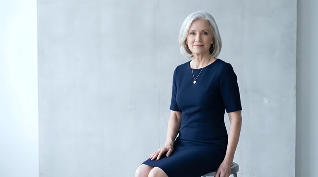 Professional mature Caucasian businesswoman in navy dress sitting confidently in modern office environment for corporate headshots and business marketing.