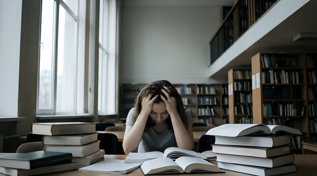 Young Asian woman student feeling overwhelmed and stressed while studying in library surrounded by textbooks and academic materials for exam preparation.