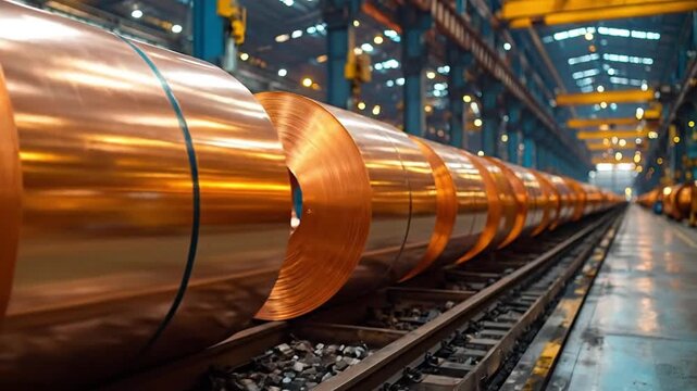 Long row of shiny copper metal coils stored on tracks in a vast industrial factory