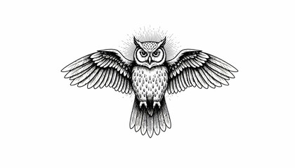Obraz premium Detailed black and white sketch of an owl with outstretched wings.