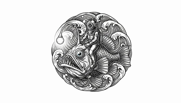 Deep Sea Diver Riding Anglerfish in Ornate Circular Design.