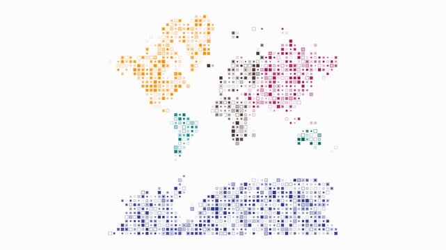 World animated shape. Pulsating colored dots on the map of the world. Small size square blocks. Digital style map on white background. Plain animation video.