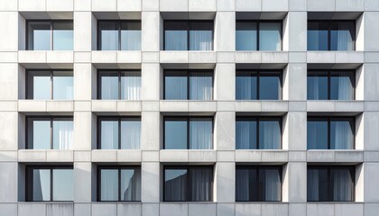 モダン建築の整然とした窓のファサード・幾何学的パターンが際立つ外観デザイン