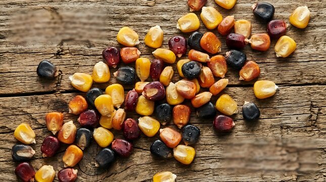 Colorful mixed dried corn kernels scattered on rustic wooden background for autumn harvest decoration and natural food ingredient displays.