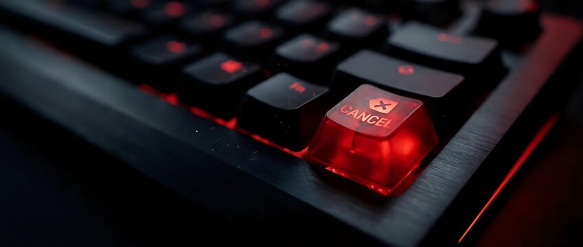 Gaming keyboard with glowing red enter key and backlit keys for esports and computer gaming setup in dark environment.