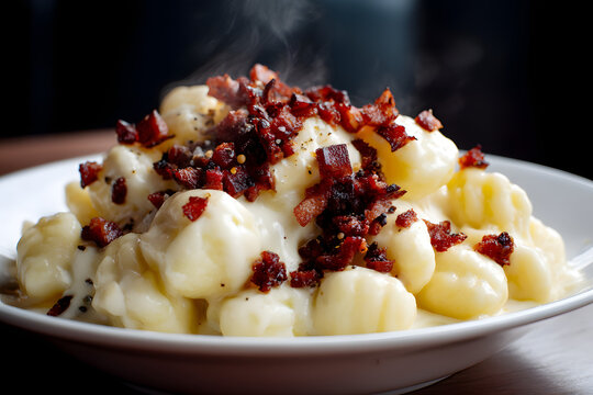 Small bowl of comforting Bryndzov&eacute; halu&scaron;ky with crispy bacon on white surface, capturing warm and inviting aesthetic