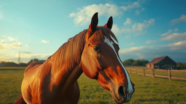 Brown Horse Standing in Sunlit Countryside Field