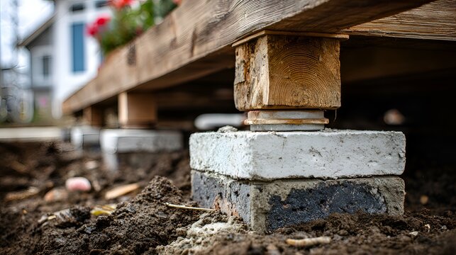 Close up reveals the concrete blocks, adjustable support posts, and wooden beams beneath a raised deck, stabilizing it above the ground level.