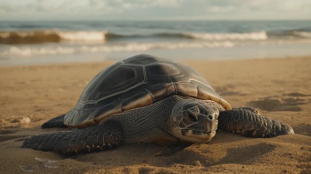 Sea Turtle Crawling on Sandy Beach Near Ocean Waves