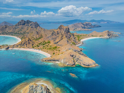 Aerial view of the pink beach of Komodo, Indonesia, panoramic view
