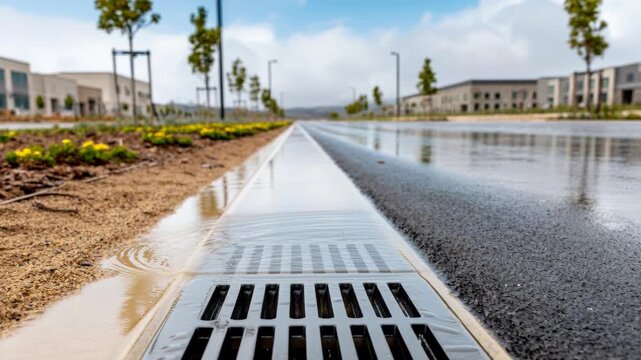 A metal street drain grate collects rainwater on a damp pavement next to a landscaped sidewalk.