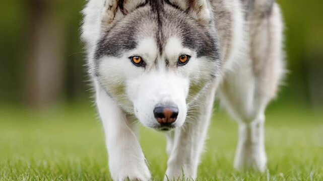 Beautiful Siberian Husky dog with intense amber eyes walks through a green grassy field.