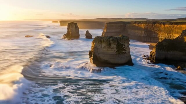 Aerial view of the Twelve Apostles limestone stack formations along the Great Ocean Road coastline at sunrise. Perfect for travel guides, geography presentations, and tourism brochures.