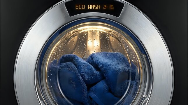 Modern washing machine drum with blue towels inside, eco wash cycle display visible, energy efficient laundry appliance for household cleaning and fabric care.