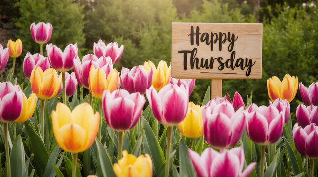 Happy thursday sign stands cheerfully among colorful tulip flower field