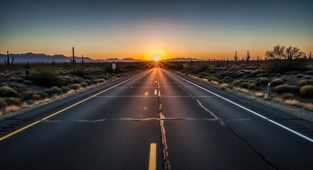 Obraz premium A serene desert highway stretches out towards the vibrant sunset on the horizon