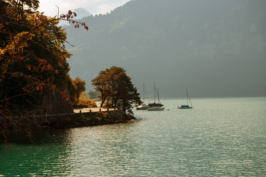 Beautiful Alps lake in sunny day with blue water