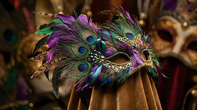 Ornate carnival mask with peacock feathers and purple accents for masquerade ball celebration and festive party decoration.