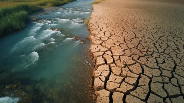 A stark contrast between a flowing river and parched dry land, symbolizing the divide between abundance and drought from a birds-eye view