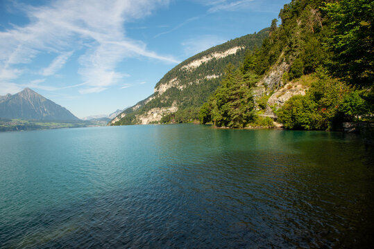 Beautiful Alps lake in sunny day with blue water