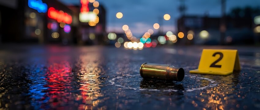 Crime scene investigation with bullet casing and evidence marker on wet asphalt street at night with police lights and urban bokeh background.