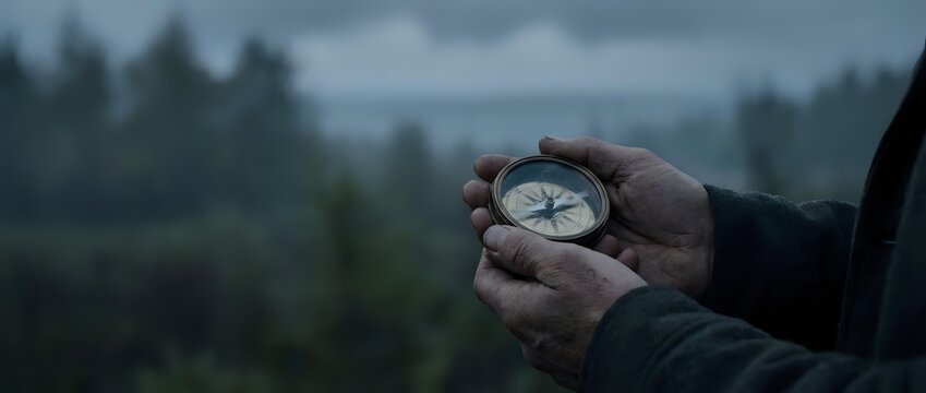 Hands holding vintage compass in misty forest landscape for navigation and outdoor adventure guidance.
