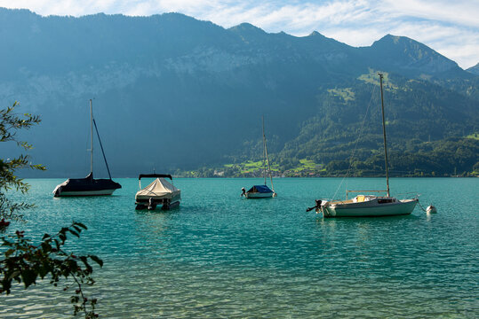 Beautiful Alps lake in sunny day with blue water