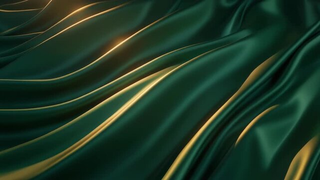 Luxurious green satin fabric flowing elegantly with golden highlights, captured in a serene close-up shot from above.