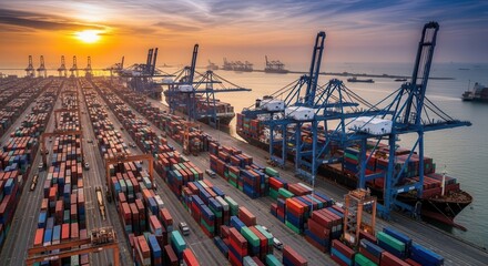 Aerial view of a bustling shipping port with cargo containers and cranes at sunset