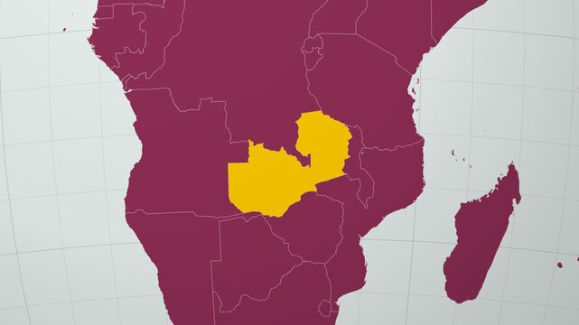 Zambia map. Animated zoom into the country on the Globe in Pale Mint Dark Pink color palette. Country logo animation with round text and airplanes. Map with meridians, parallels. Vibrant video.