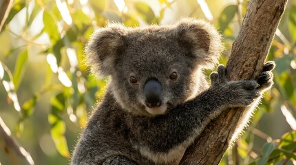 Obraz premium Adorable koala bear clinging to eucalyptus tree branch in natural habitat with soft sunlight filtering through green leaves creating warm atmosphere.