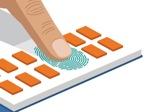 vibrant illustration showcases a fingerprint biometric sensor interacting with a human finger Modern clean design highlights security technology Ideal for digital displays and tech-related visuals