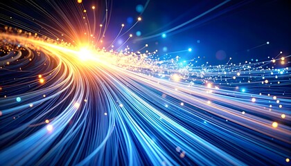 Fototapeta premium Futuristic technology background with glowing neon lights speeding through a dark tunnel, emitting vibrant blue and orange hues