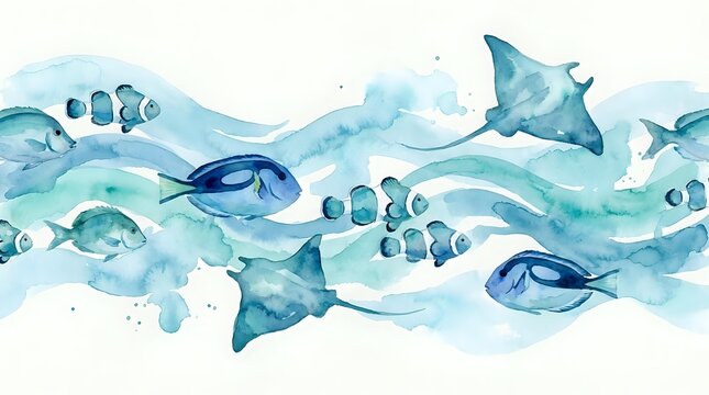 Watercolor marine life seamless pattern with tropical fish, stingrays and ocean waves in blue tones. Repeating aquatic border design for textile and decor.
