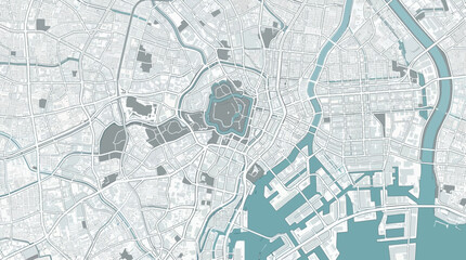 Obraz premium Minimalist Teal and Grey Vector Map of Central Tokyo Japan City Layout