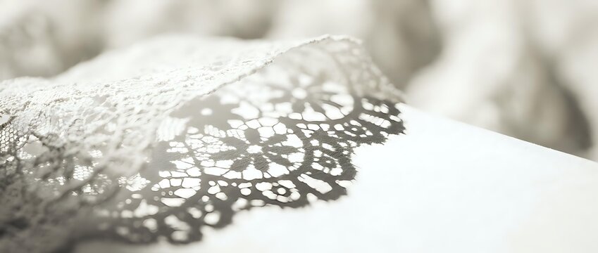 Delicate white lace trim with intricate floral pattern on soft fabric, close-up detail of vintage textile border for wedding dress or lingerie design projects.