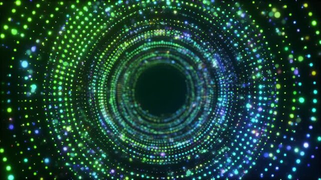 A futuristic digital tunnel with glowing green and blue lights, viewed from the front, surrounded by a vibrant neon environment and abstract patterns