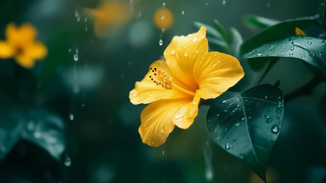 A vibrant yellow flower with water droplets against a dark green backdrop