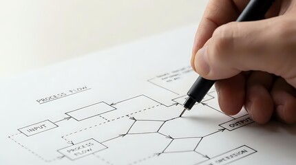 Obraz na płótnie Canvas Hand drawing business process flowchart diagram with pen on white paper showing workflow steps and decision points for project management planning.