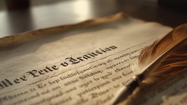 Vintage Manuscript with Feather Quill on Historical Document