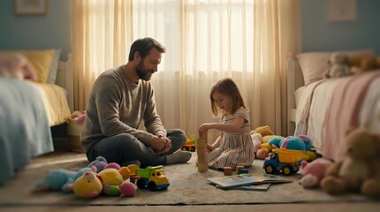 Fototapeta premium Loving father playing with toddler daughter on bedroom floor surrounded by colorful toys in warm sunlit room creating precious family bonding moments.